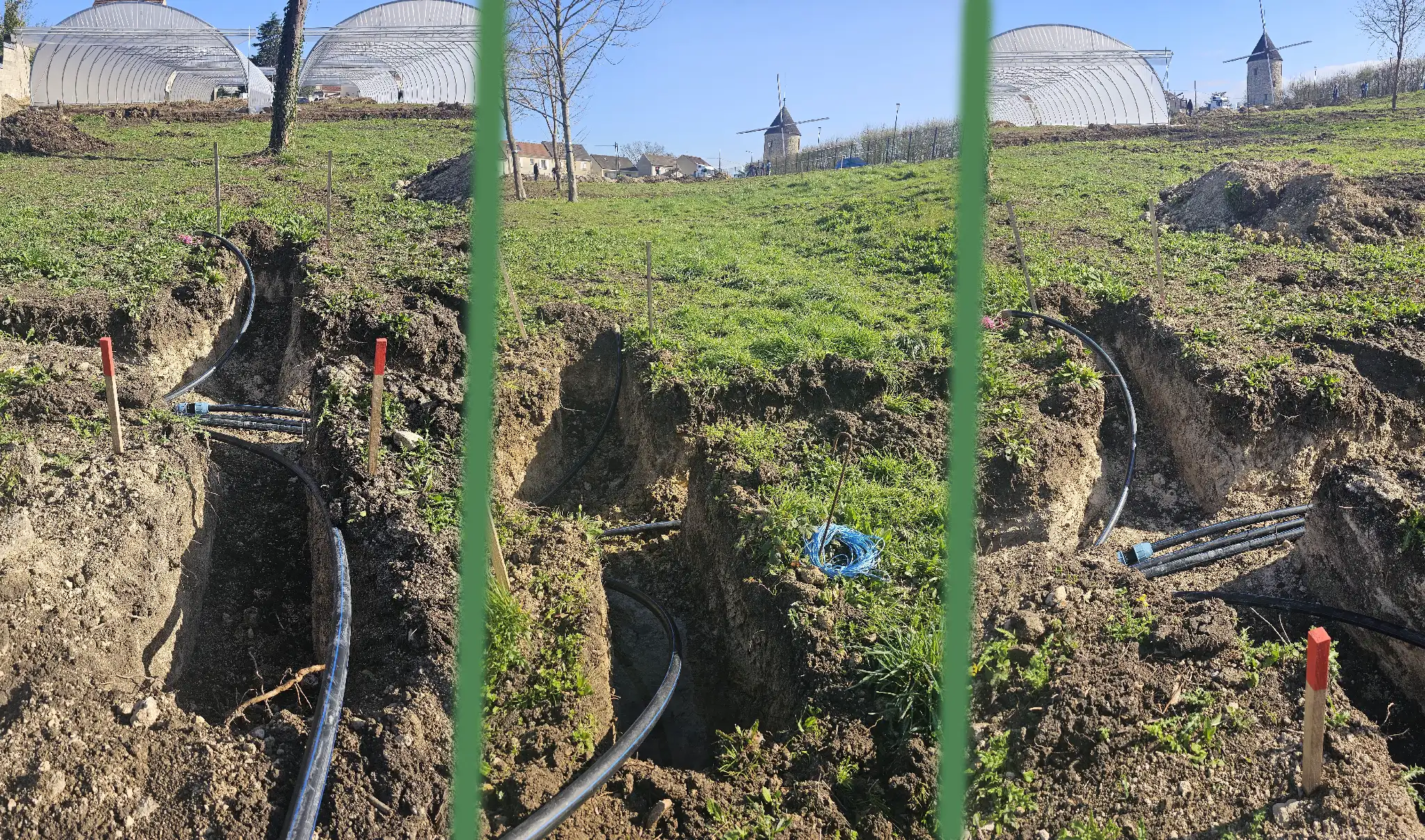 Les tranchées toutes creusées, reçoivent les conduites de distribution